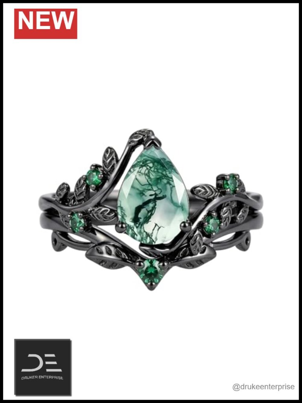 Natural Moss Agate Ring Set 925 Sterling Silver Teardrop Engagement Wedding
